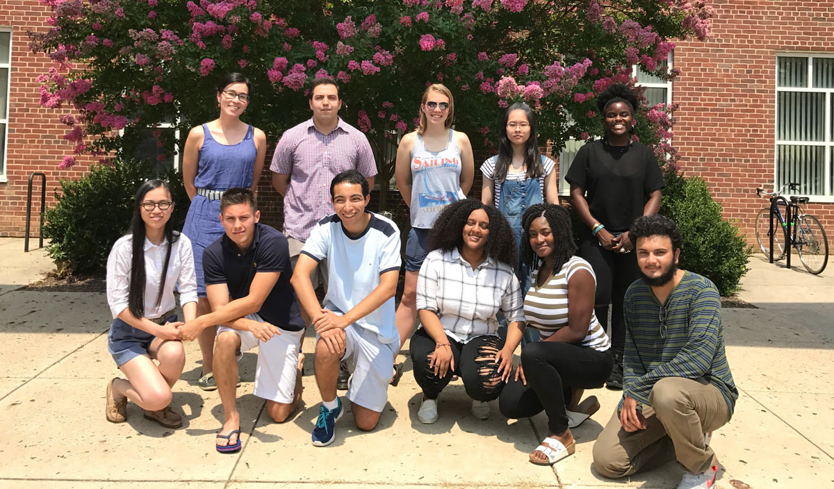 Student mentors and mentees: (back row,mentors, left to right) Nina Uchida, Ricky Morales, Samatha Weaver, Hanchu Wang and Soliver Fusi; (front row, students, left to right) Yuelun Liu, Camilo Trejos, Massi Djouini, Bilen Tirfe, Funke Okunrinboye and Faraz Burni.
 