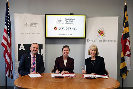 From left to right: Chief Minister of the Australian Capital Territory Andrew Barr, Vice President for Research Laurie Locascio, and Professor Shirley Leitch, Deputy Vice-Chancellor for Global Engagement at ANU at the signing ceremony for the ANU-UMD partnership. 