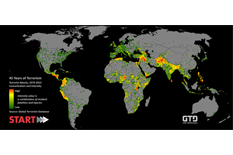 Updated in 2016, the GTD World Map: 45 Years of Terrorism displays the concentration and intensity (combining fatalities and injuries) of terrorist attacks that occurred worldwide across 45 years of data.