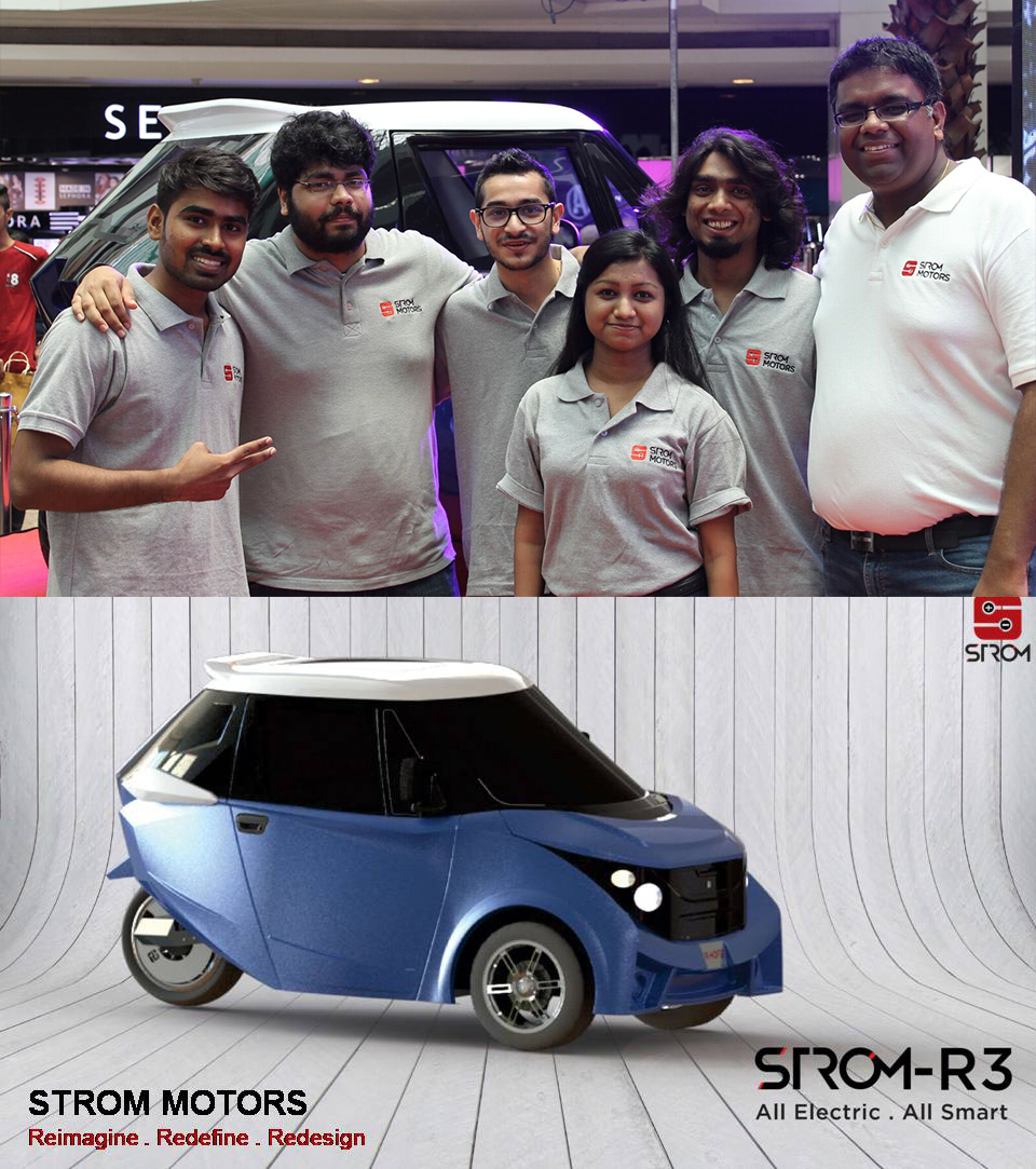 Top photo: Pratik Gupta (far right) with Strom Motors team. Bottom photo: Strom-R3 model.