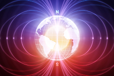 Earth's dynamic molten outer core generates a magnetic field that shields the planet from the sun's radiation. UMD and JQI researchers have proposed a way to simulate this so-called dynamo with fast-flowing electrons in a tiny piece of metal. (Illustration by iStock)
