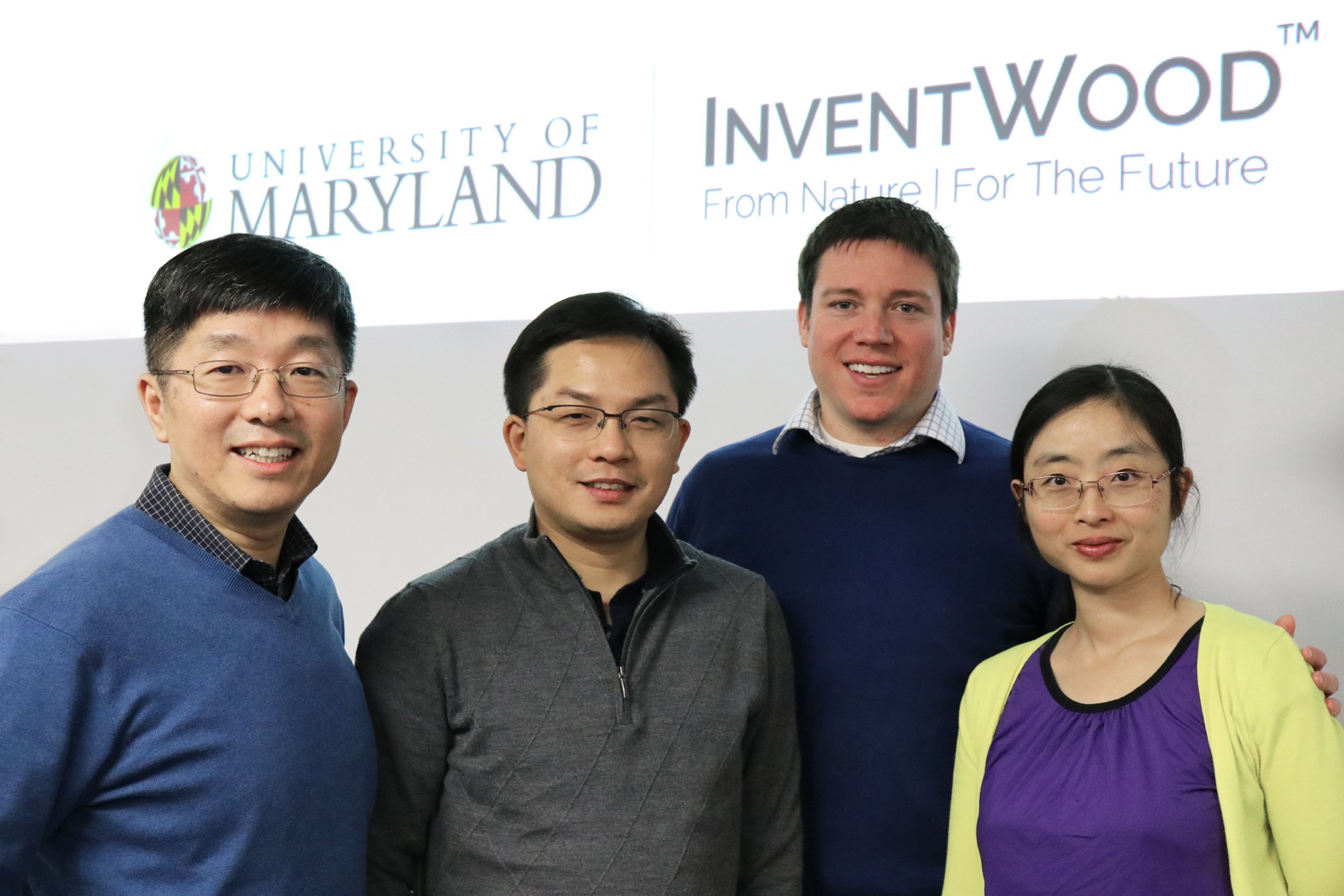 Left to right: Dr. Teng Li (Co-PI, UMD), Dr. Liangbing Hu (PI, UMD), Josh Cable (Inventwood LLC) and Amy Gong (Inventwood LLC)