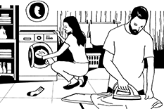 Singles and childless couples—male and female—spend broadly similar amounts of time at work, play and otherwise. Before children come into the picture, research indicates that couples tend to share housework more equally.(Illustration by Jason Keisling)