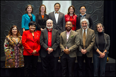 Exemplary researchers were selected to represent each college. Front row, from left: Professor Linda Steiner (JOUR), Professor Rajshree Agarwal (BMGT), Professor Gregg Vanderheiden (INFO), Assistant Professor Marccus Hendricks (ARCH), Professor Ralph Dubayah (BSOS), and Professor Ellen Fabian (EDUC). Back row, from left: Professor Amy Sapkota (SPH), Vice President for Research Laurie E. Locascio, President Wallace D. Loh, Senior Vice President and Provost Mary Ann Rankin, and Associate Professor Liangbing Hu (ENGR). Not pictured: Distinguished University Professor Emeritus David Driskell (ARHU), Distinguished University Professor Christopher Monroe (CMNS), Professor Utpal Pal (AGNR), and Professor Peter Reuter (SPP).(Photos by John T. Consoli)