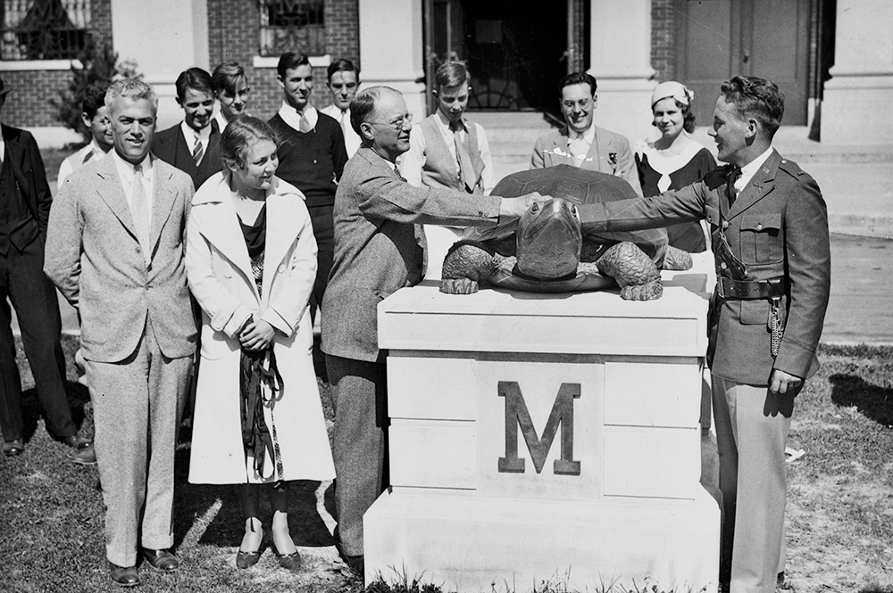 Testudo statue dedication ceremony, 1933. Photo courtesy: UMD Special Collections and University Archives