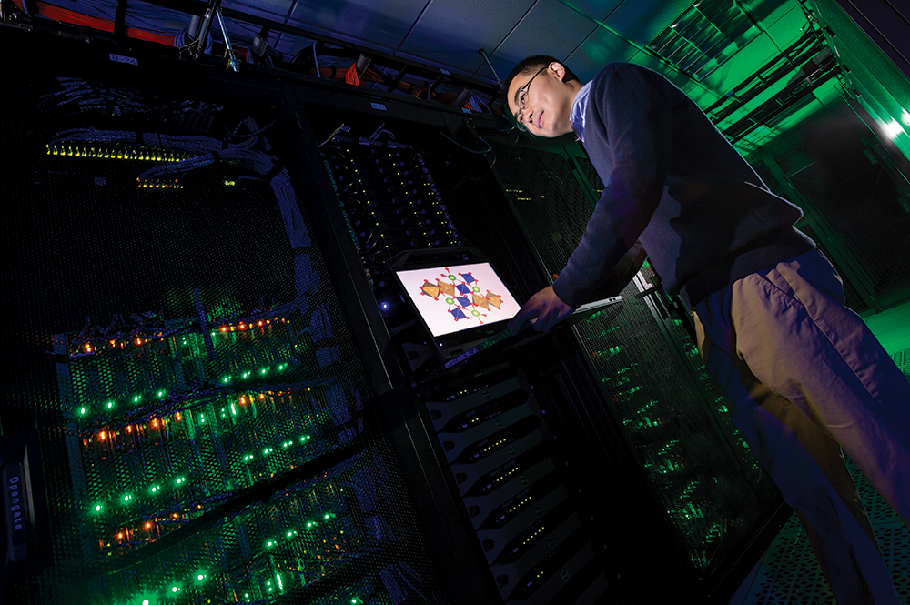 Assistant Professor Yifei Mo works in Deepthought2, UMD's high-performance computing cluster. Photo: John T. Consoli