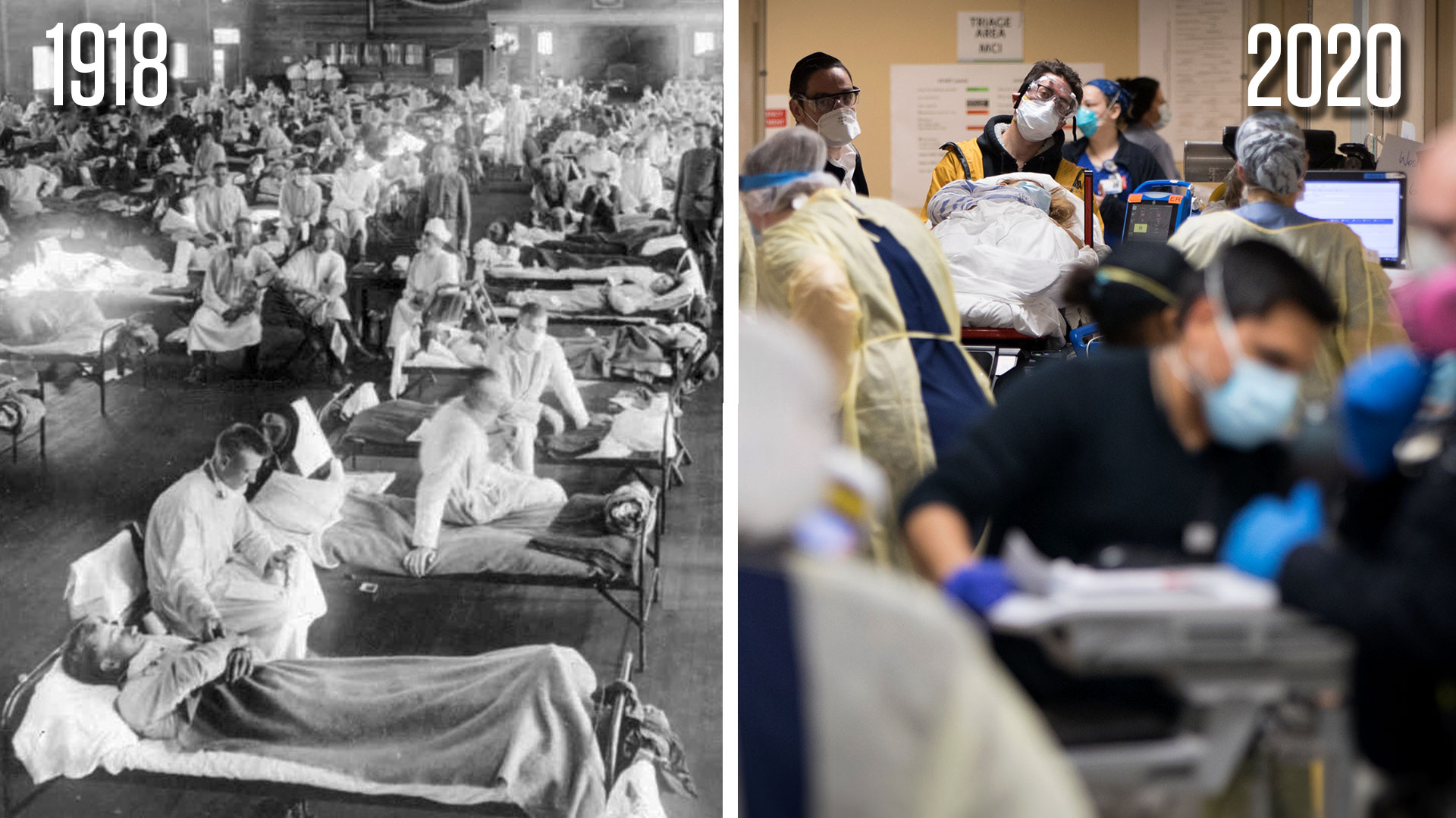 Flu patients convalesce in a makeshift Kansas hospital (left), while emergency medical personnel scurried to provide care as coronavirus victims overflow into a hallway in a New York hospital in April. A University of Maryland public health researcher says the two pandemics bear many similarities, from the public health responses to unequal racial outcomes of the illnesses.(1918 photo by Associated Press; 2020 photo by Jeffrey Basinger/Newsday via Getty Images)