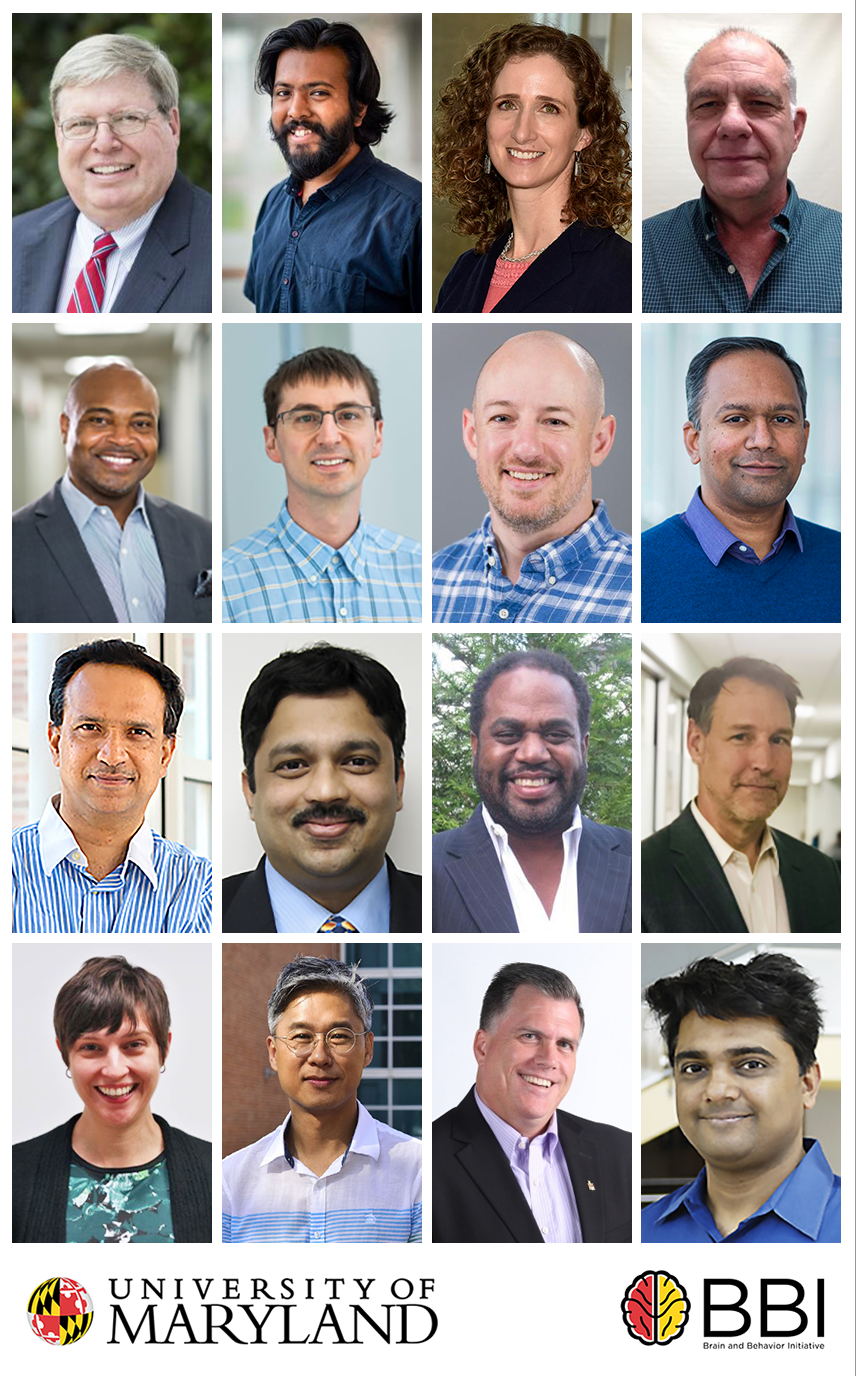 2020 BBI Seed Grant recipients, from left to right, starting at top: Profs. Ball, Bera, Clyne, Dooling, Fryer, Gaudry, Hoover, Jose, Manocha, Raghavan, Richardson, Roy, Shilton, Shim, Smith, and Sriram