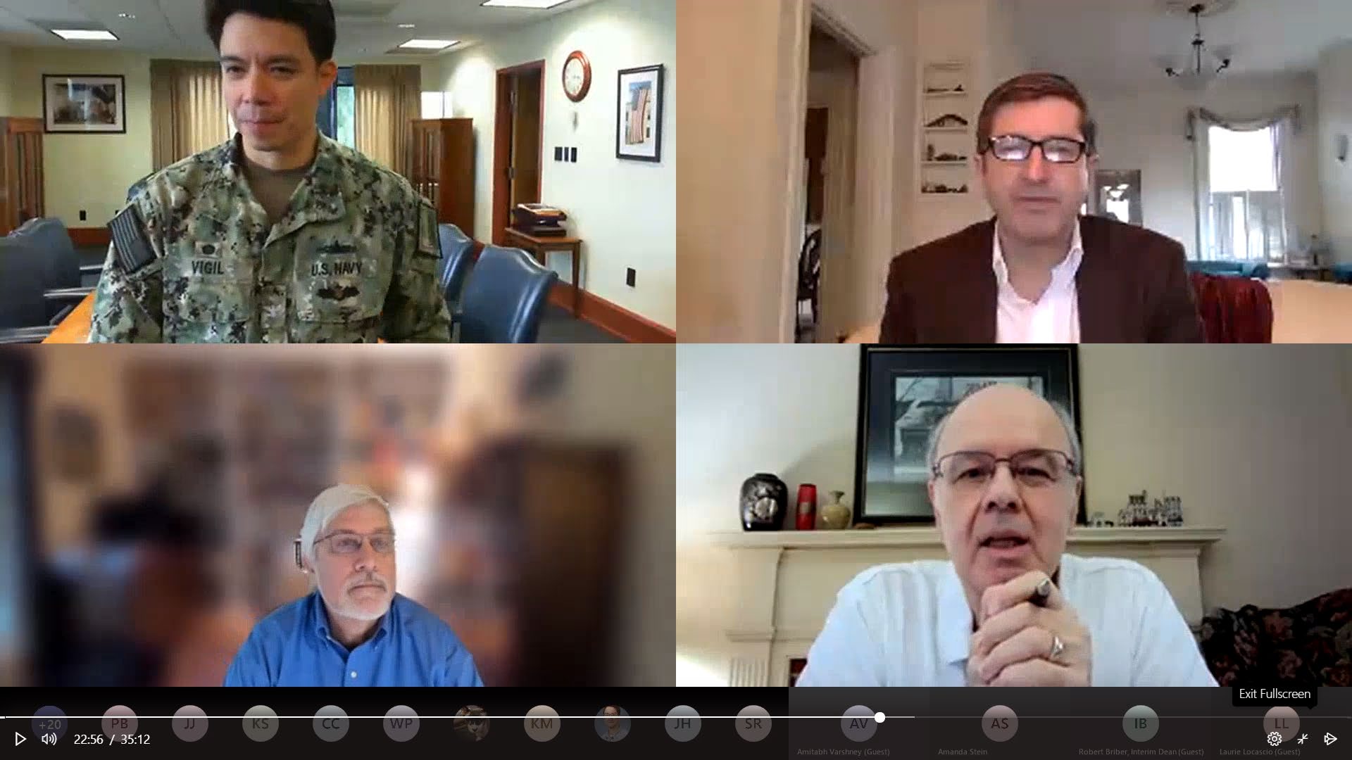 U.S. Naval Research Laboratory Commanding Officer, Capt. Ricardo Vigil (top left), and NRL Director of Research, Bruce Danly, Ph.D. (bottom left), and Gerald M. Borsuk, Ph.D., (bottom right) associate director of research for NRL’s systems directorate joined University of Maryland’s Ronald Walsworth, Ph.D, director, Quantum Technology Center for a virtual signing ceremony Sept. 1. The partners are entering into an agreement to identify and pursue opportunities for high quality educational outreach, knowledge sharing, and collaboration in developing quantum technologies and understanding the science that makes them possible. As the corporate laboratory of the Navy, NRL has a long and fruitful relationship with industry and academia. U.S. Navy photo by Paul Cage.