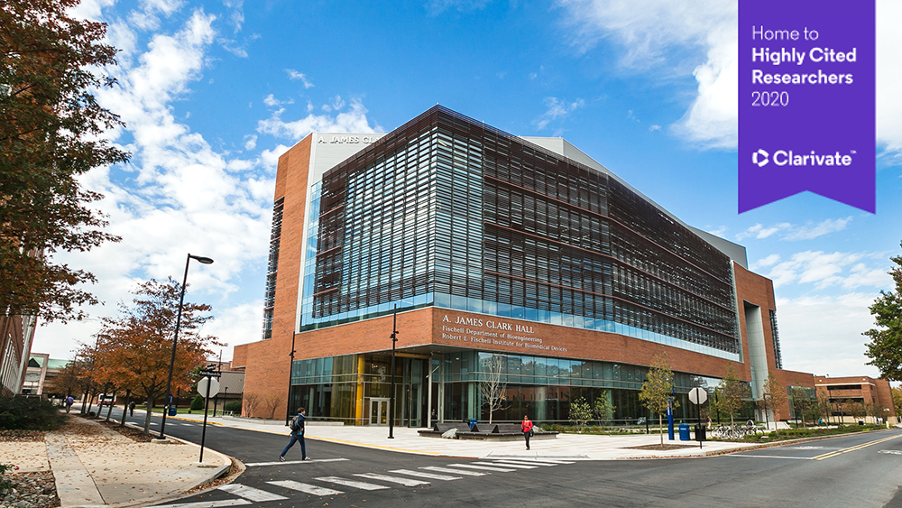 A. James Clark Hall with purple banner from Clarivate noting it is home to 2020 Highly Cited Researchers