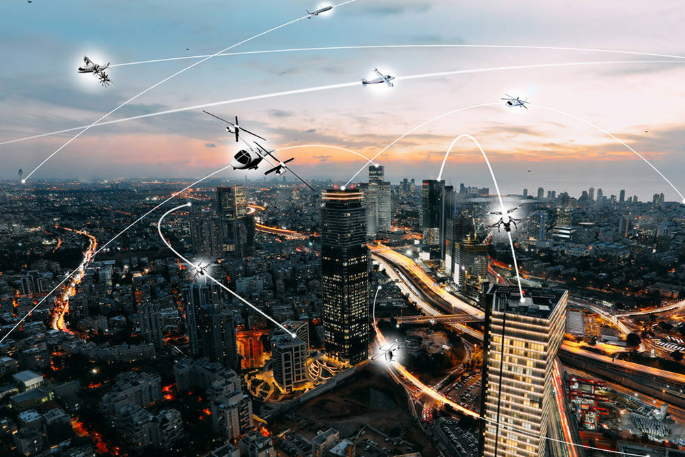 An artist’s conception of an urban air mobility environment, where air vehicles with a variety of missions and with or without pilots, are able to interact safely and efficiently. Photo Credit: NASA/Lillian Gipson.