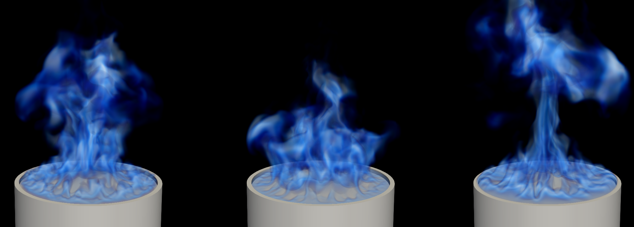 A sample of instantaneous snapshots of the simulated methanol pool flame. The flame is visualized using volume rendering of the high temperature region (defined as the region where temperatures are larger than 800 K).