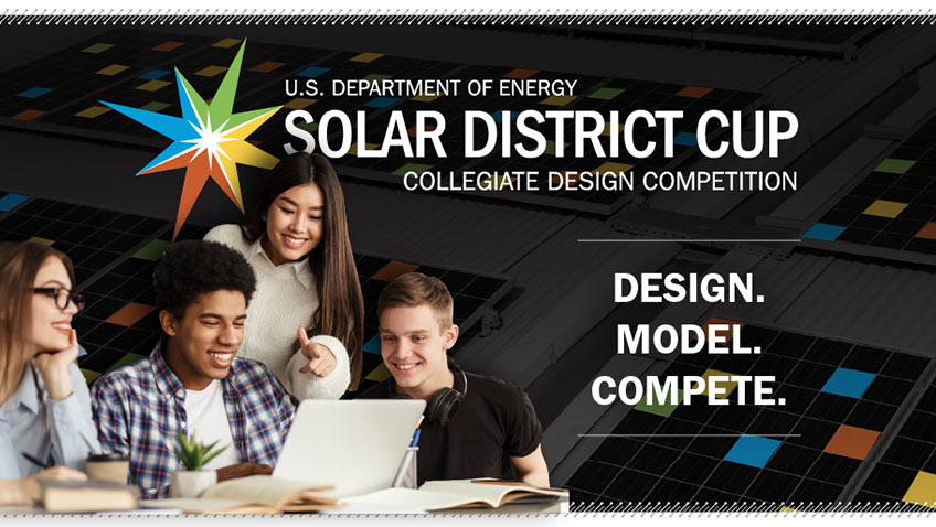 Picture showing students working together in front of a laptop framed by the Solar District Cup logo and tagline, design model compete.