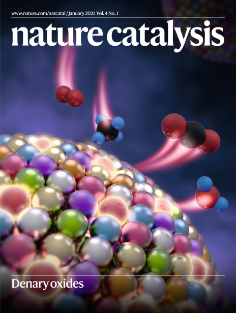 Mixing rules of multi-element oxide nanoparticles and denary oxide nanoparticles as highly stable catalysts for methane combustion. Cover of Nature Catalysis, January 2021.