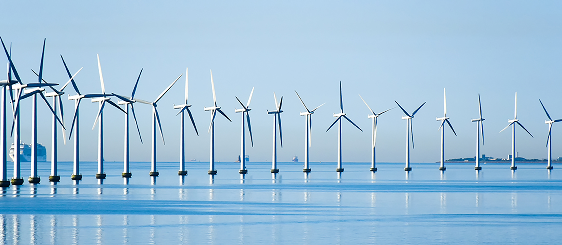 Offshore wind turbines on the coast of Copenhagen in Denmark