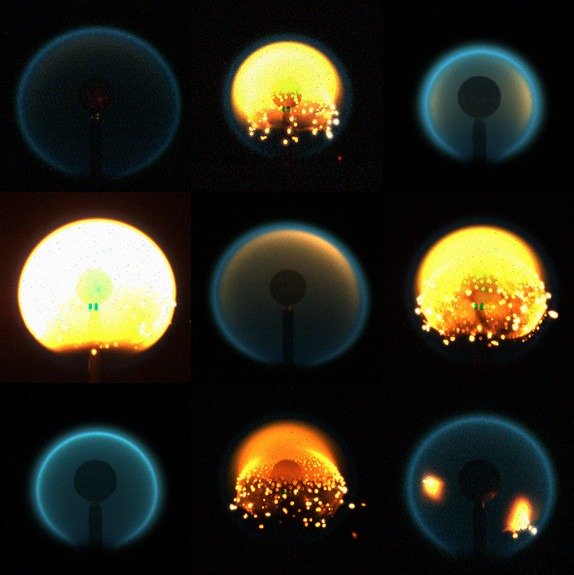 A composite image of nine different flames from fire experiments aboard the International Space Station