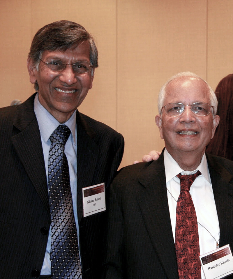 Dr. Baheti (left) at the NSF Workshop on Micro, Nano, Bio Systems in Arlington, Va., March 30, 2012. The event honored the career of Dr. Rajinder Khosla of NSF (right) and was organized, in part, by ISR.