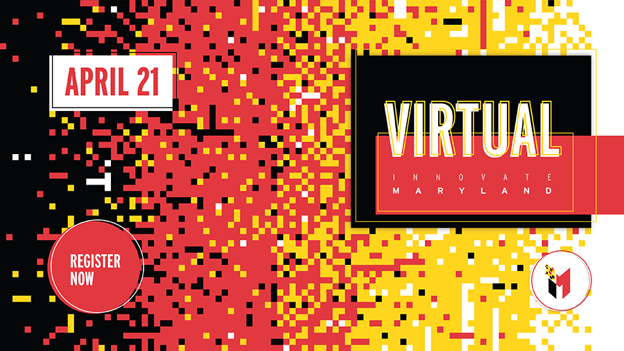 Patterned graphic advertising the virtual Innovate Maryland event on April 21