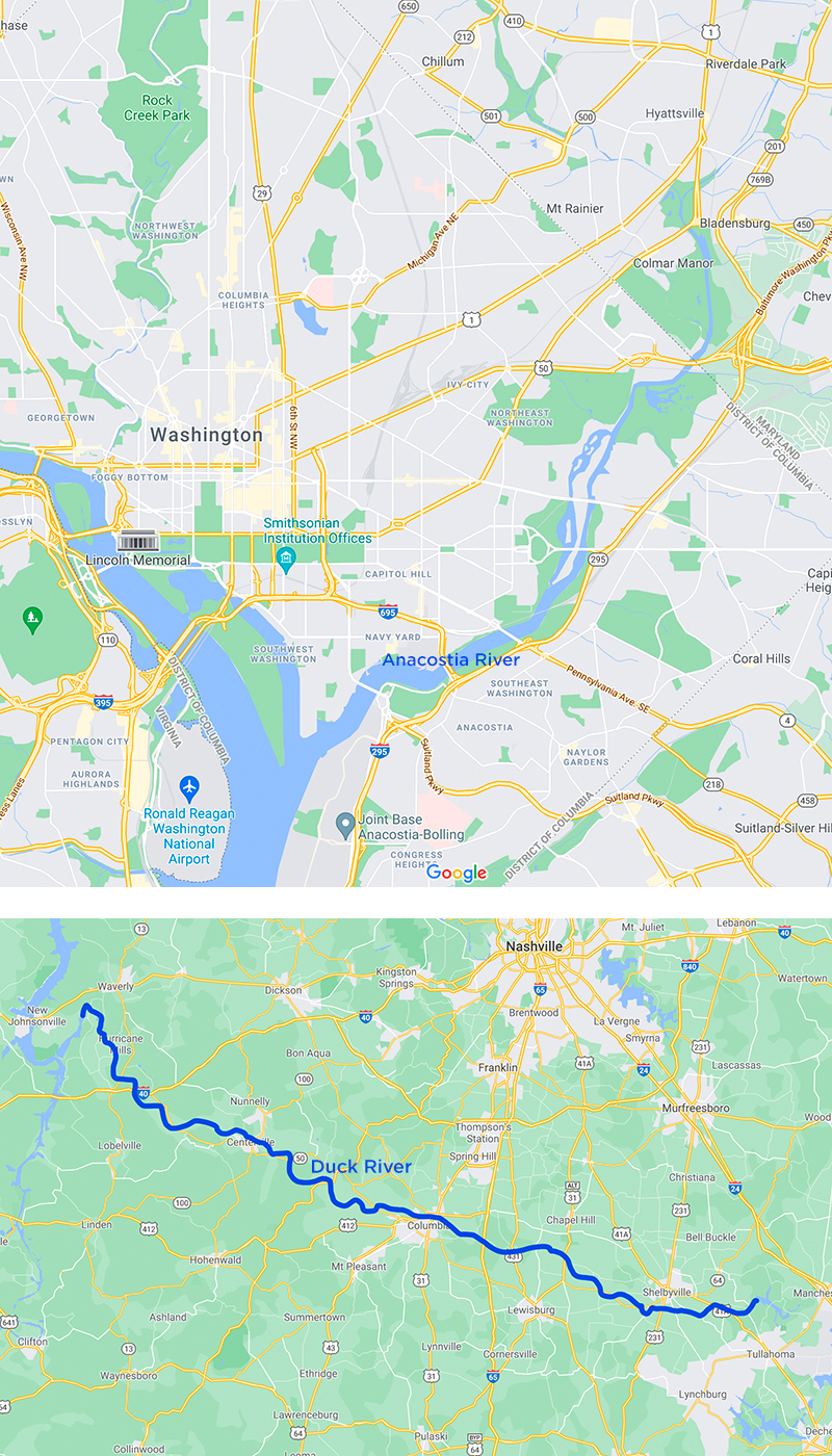 Top: The Anacostia River in Maryland and D.C. Bottom: The Duck River in Tennessee.