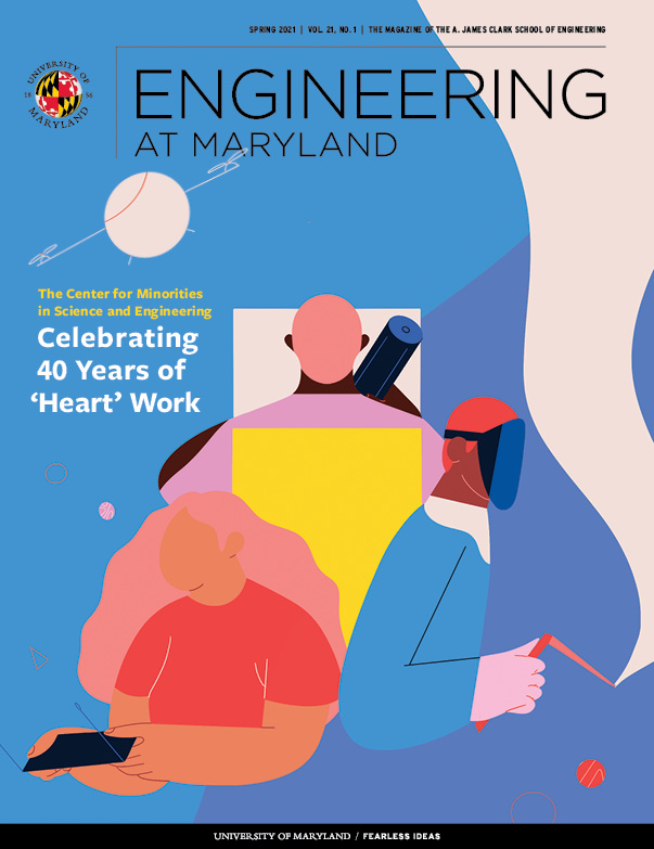Illustrated cover of Spring 2021 Engineering at Maryland magazine depicting diverse engineers