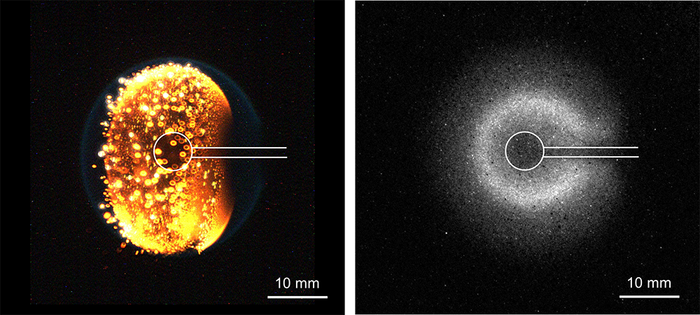 Left: view from a normal color camera; right: view from a highly sensitive intensified camera. Only the intensified camera can capture the cool flame that appears after the hot flame oscillates and extinguishes.