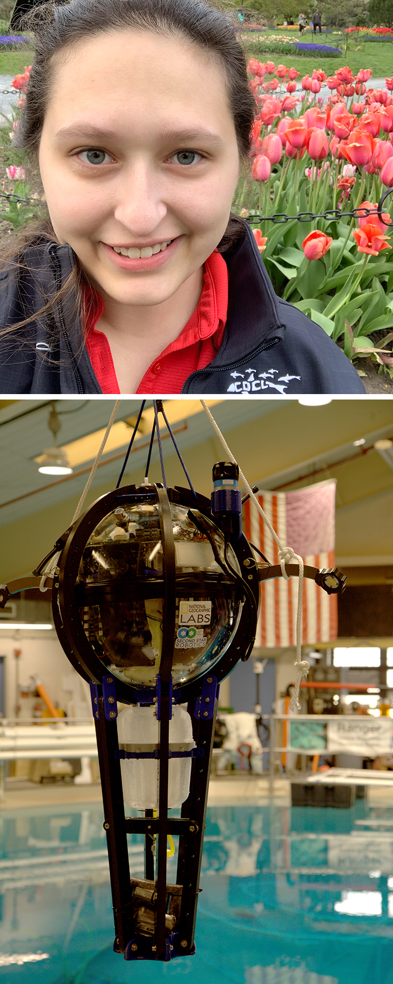 Top: Rachel Suitor. Image courtesy Rachel Suitor. Bottom: Driftcam prototype being tested in the Neutral Buoyancy Research Facility. Driftcam developed by National Geographic Society configured with high-resolution low-light cameras to capture detailed imagery of Scattering Layer constituent species. Image courtesy of Kyler Abernathy, National Geographic Society.