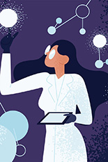 Illustration of a scientist with long hair wearing a white lab coat and glasses and holding a tablet while blue and white molecules float on a purple background around them.