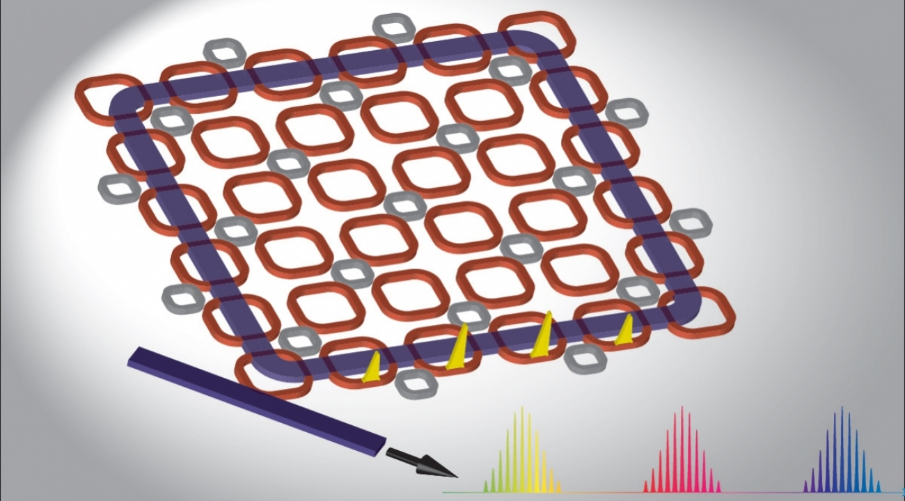 Rendering of a light-guiding lattice of micro-rings that researchers predict will create a highly efficient frequency comb.