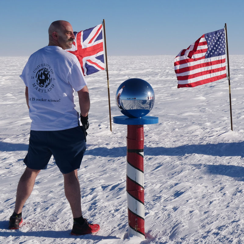Aerospace engineering Ph.D. student Thomas Leps at the Ceremonial South Pole.