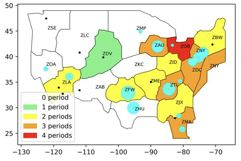 Spatial variability and temporal consistency of thunderstorm features and their importance to the system average arrival delay. (Figure 6 from the paper)