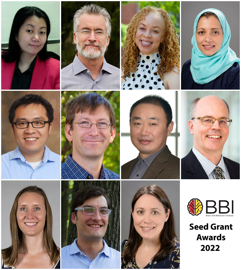 2022 BBI seed grant recipients, from left to right, starting at top: Drs. Cao, Cummings, Dunbar, Faroqi-Shah, Gong, Goupell, He, Losert, Redcay, Slevc and Yarger.