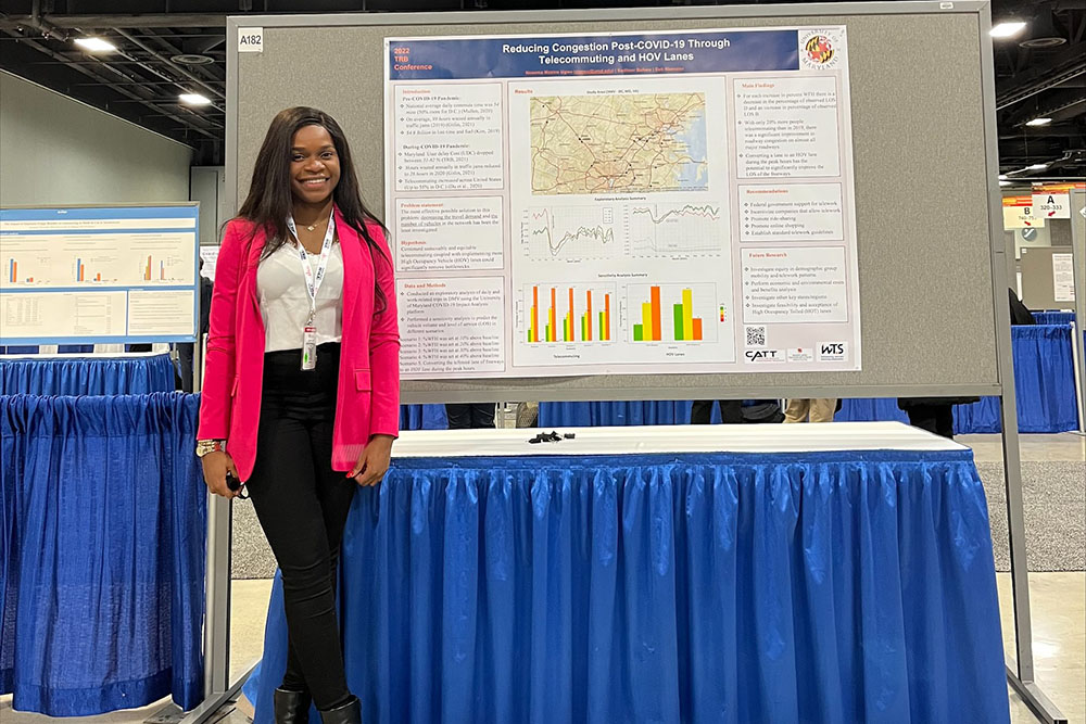 UMD doctoral student Nneoma Ugwu was part of a research team that examined the effects of telecommuting on DC-Maryland-Virginia traffic during the COVID-19 pandemic. The team, advised by Clark Distinguished Chair Deb Niemeier, presented its findings at the TRB Annual Meeting in January. 