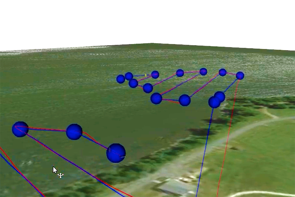 A rendering of a multi-phase searching scenario for two UAVs. During the first phase, the UAVs automatically generate the waypoints of a lawnmower pattern to sweep the entire search space. The onboard deep neural network identifies the potential targets. With the pitch angle, yaw of the camera, altitude, and GPS coordinates of the aircraft, the UAVs can estimate the locations of the potential targets on the ground. In the second phase, the UAVs revisit each potential target at a lower altitude to accurately classify a target. The UAVs find the shortest path that traverses all the targets by solving a travelling salesperson problem on board.