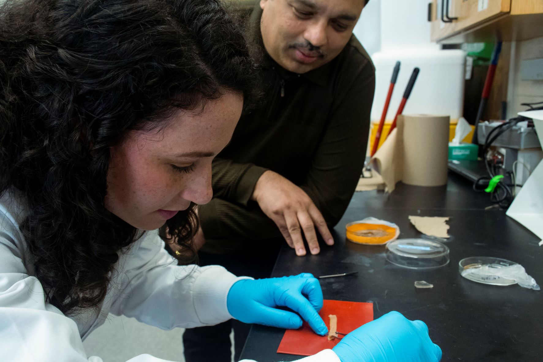 Leah Borden and Srinivasa Raghavan in their lab. Credit: Sage Levy for UMD.