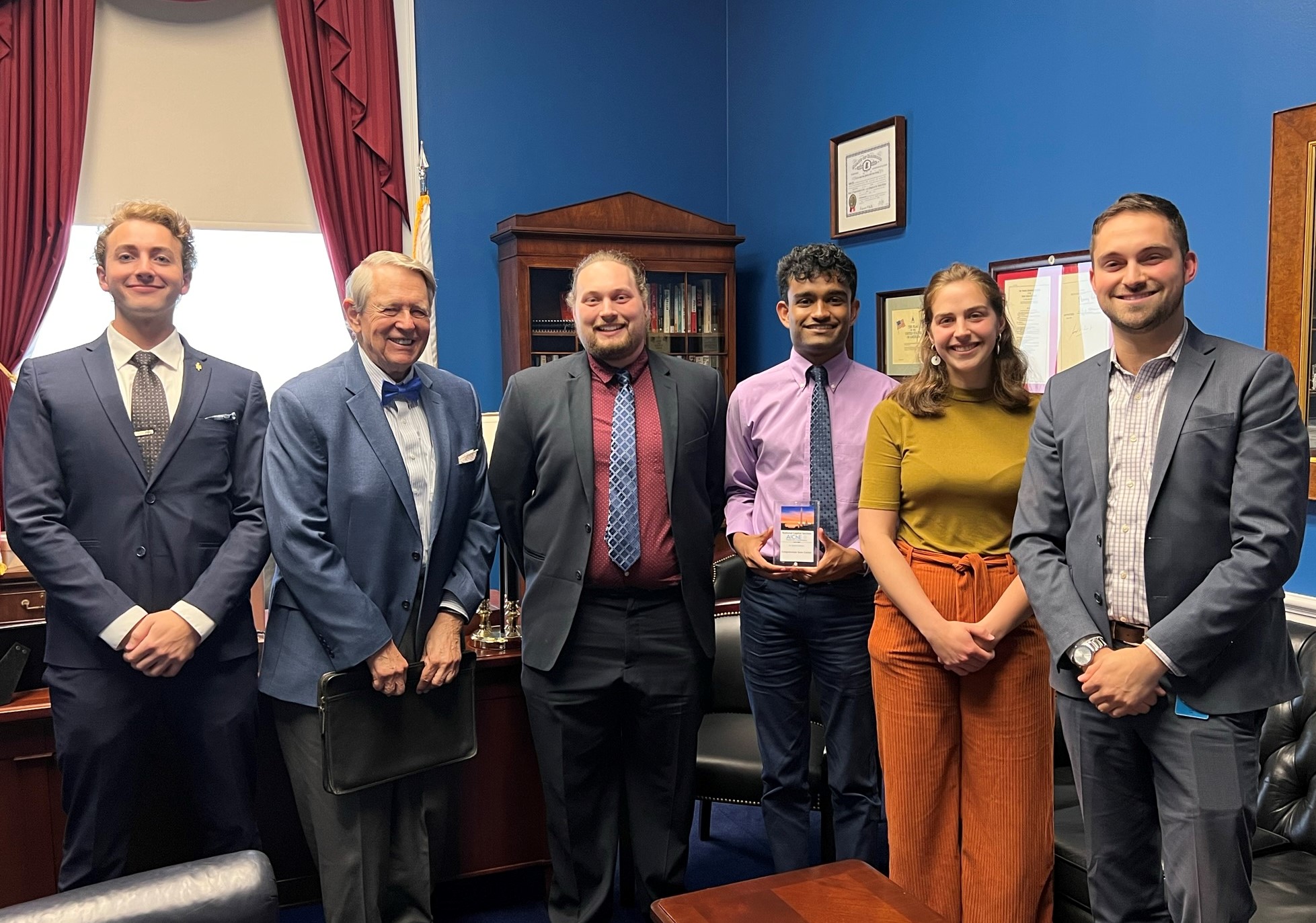 From left: Ben Ruggeri (CHBE Student), George DeVaux (AICHE NCS), Aengus Vervier (CHBE Student), Andrew Paul (CHBE Student), Cassandra Smith (CHBE Student), and John Lee (Senior Policy Advisor, Office of Congressman Sean Casten). Credit: Nam Sun Wang (UMD).  