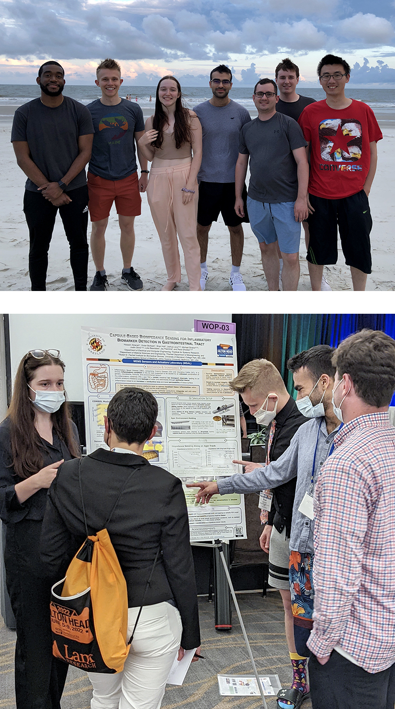 Above: The MSAL Lab takes to the beach at the 2022 Hilton Head Workshop. From left: Grad student Michael Straker; undergrads Brian Holt, Vivian Borbash, and Hossein Abianeh; and grad students Justin Stine, Joshua Levy, and Jinjing Han. Below: Borbash, Holt and Abianeh present their research poster at the 2022 Hilton Head Workshop.