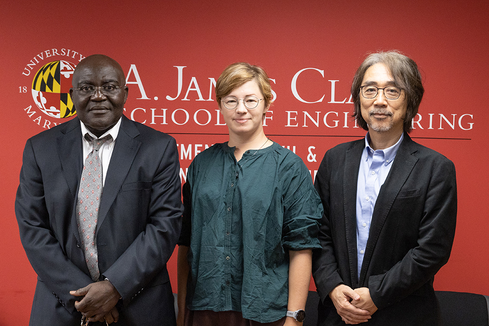 From left: UMD Civil and Environmental Engineering Chair Nii Attoh-Okine; Tsukuba University Assistant Professor Anna Bogdanova; Tsukuba University Professor and Center for Artificial Intelligence Research Director Tetsuya Sakurai. [Photo: Joanna Avery]