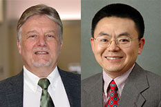 Headshots of Eric Wachsman and Ji-Cheng JC Zhao juxtaposed next to one another; Wachsman is wearing a white collared shirt with a green tie and a dark suit jacket while Zhao is wearing a red and white striped collared shirt with a red tie and a gray textu
