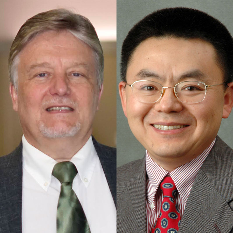 Headshots of Eric Wachsman and Ji-Cheng JC Zhao juxtaposed next to one another; Wachsman is wearing a white collared shirt with a green tie and a dark suit jacket while Zhao is wearing a red and white striped collared shirt with a red tie and a gray textu