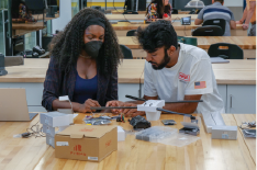 Two short course participants in the drone building portion of the course