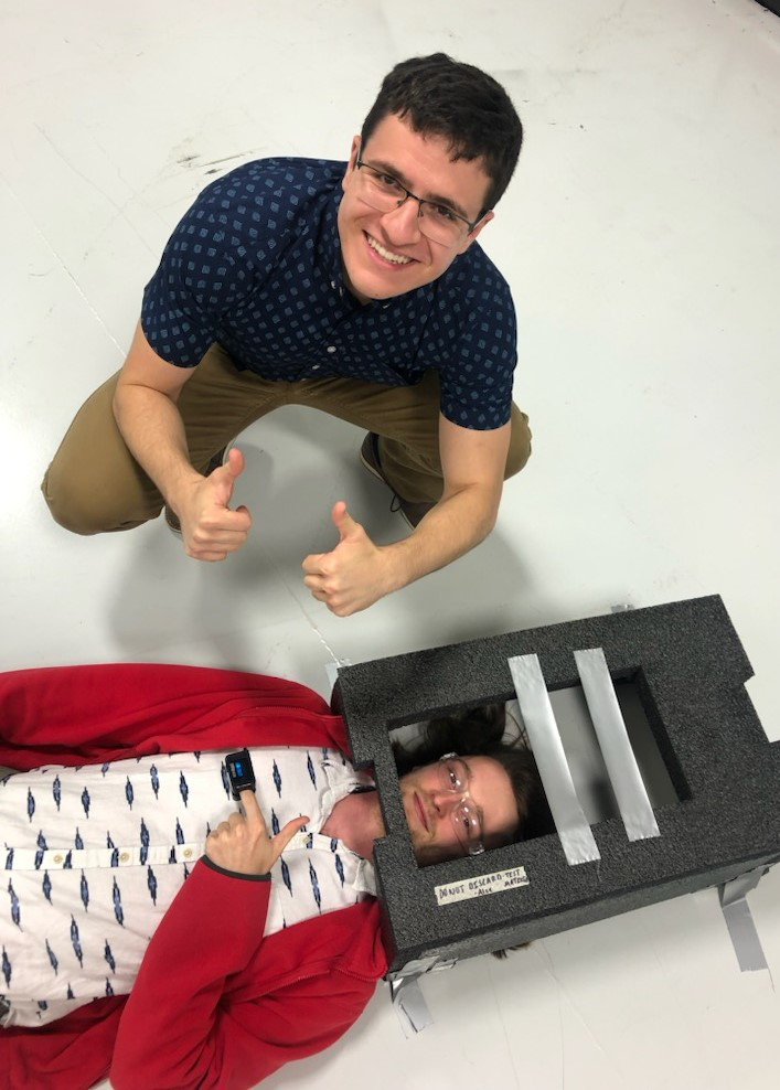 UMD aerospace engineering senior Alex Teacu’s summer internship project at UROC focused on using drones to remotely obtain vital signs to assist in triage. Pictured: Alex Teacu (left) and UROC engineer Chris Titus. 
