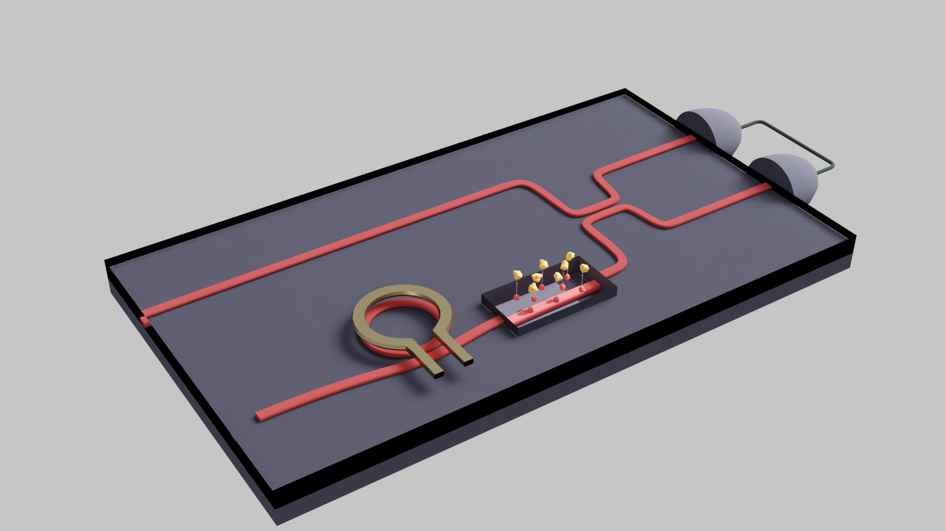 A rendering of a proposed chip-scale quantum sensing platform, including the generation and detection of quantum light.