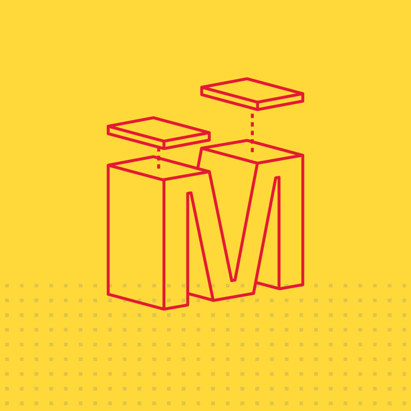 red 3-dimensional block letter M on a yellow background