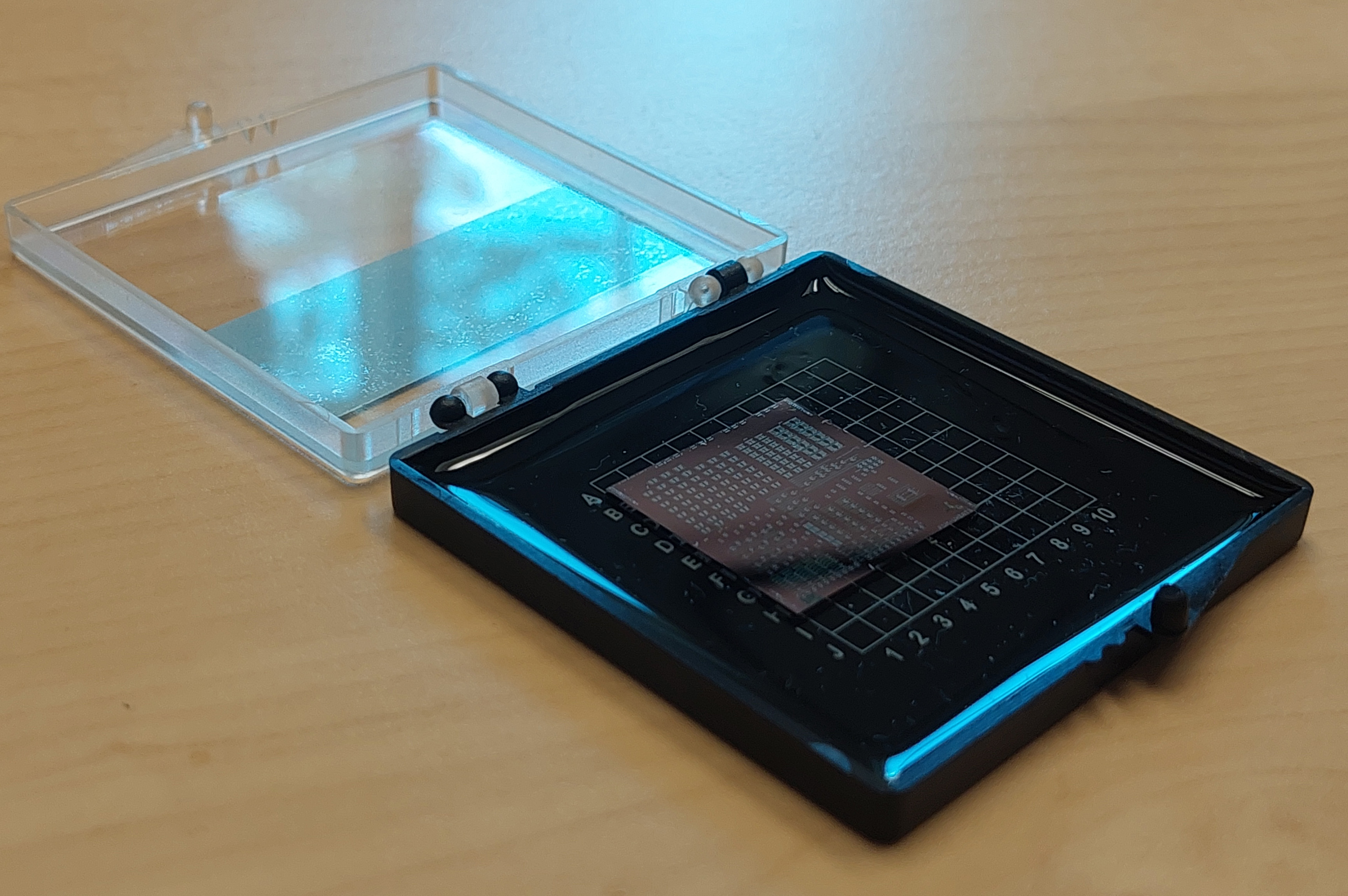 An experiential silicon photonic integrated circuit chip sits on the desk of materials science and engineering assistant professor Carlos A. Ríos Ocampo, Ph.D. 