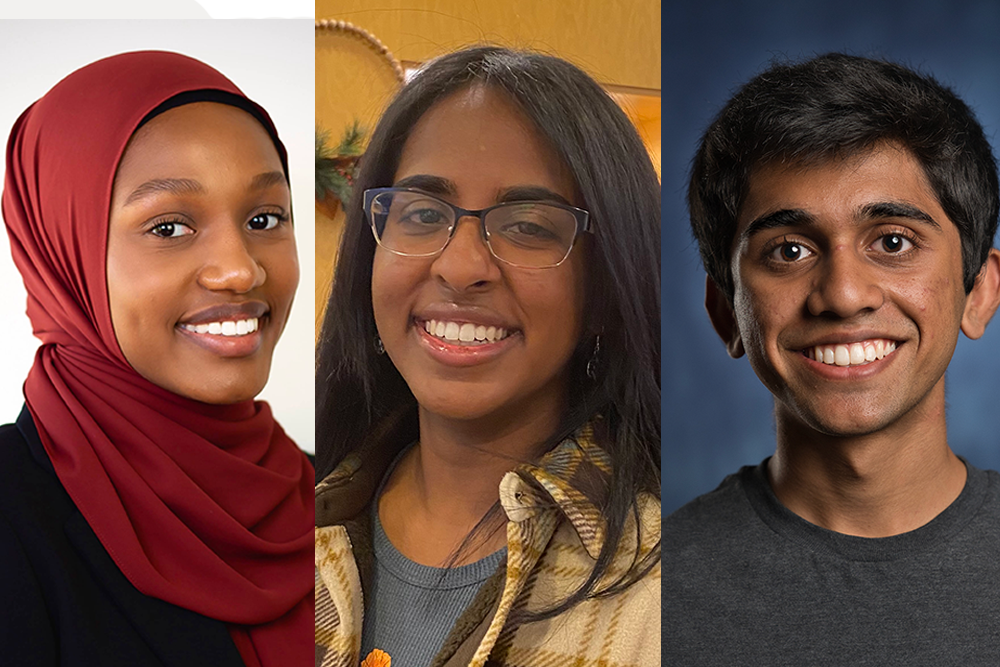 From left: 2023 Philip Merrill Scholarship recipients Najmah Abdur-Rahman, Thilini Amarasinghe, and Visesh Uppoor