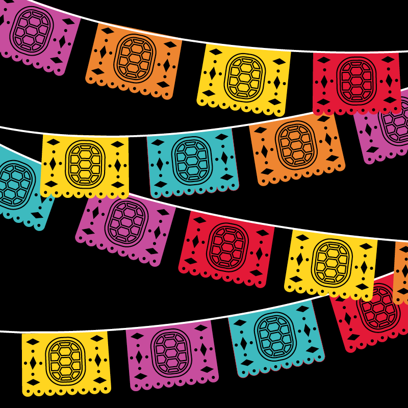 papel picados featuring purple, orange, yellow, red, and teal paper with a turtle shell motif in the center, strung together to make several multicolored banners on a black background