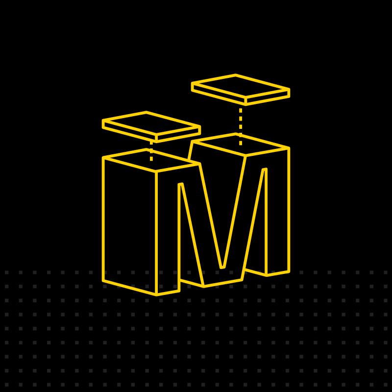 outline of a yellow block letter M on a black background with the two top blocks being lowered into place