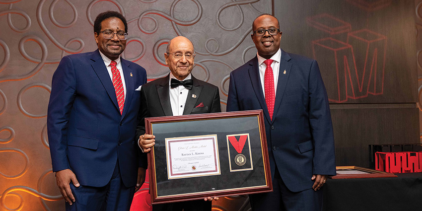From left, UMD President Darryll J. Pines, Rattan Khosa M.S. ’71, and Clark School Dean Samuel Graham. Photo by Mike Morgan.