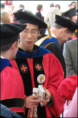 Graduates congregate at the Clark School's first commencement reception in the rotunda of the Kim Engineering Building.