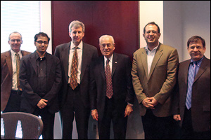 Left to right: Greg Payne (University of Maryland Biotechnology Institute), Anjan Nan (UMB School of Pharmacy),  William Bentley (Chair, Fischell Department of Bioengineering), Dr. Robert W. Deutsch, Reza Ghodssi (ECE, ISR), and Gary Rubloff (ECE, ISR, MSE and Director, Maryland NanoCenter).